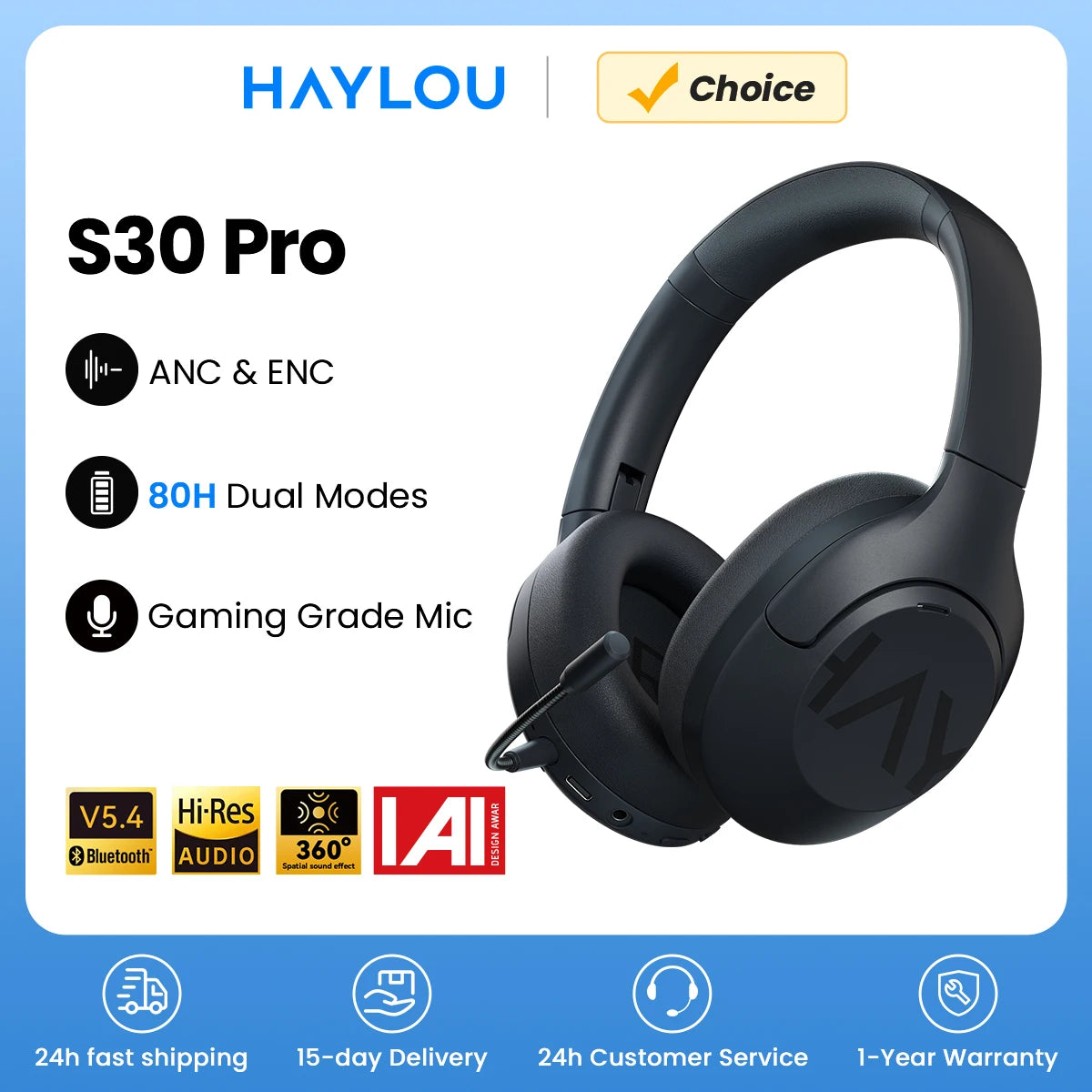 Haylou S30 Over-Ear Headphones – Bluetooth 5.4, 43dB Hybrid ANC, 40mm Driver, Hi-Res Audio, 80H Playtime, USB-C, Basic/Standard/Pro