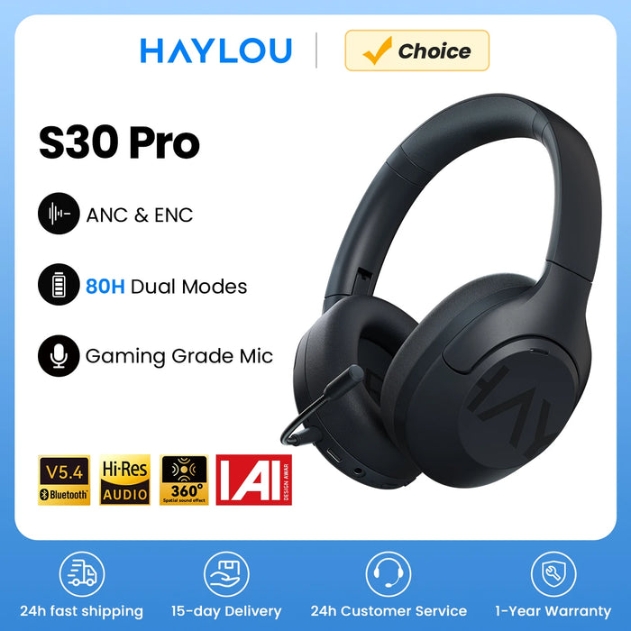 Haylou S30 Over-Ear Headphones – Bluetooth 5.4, 43dB Hybrid ANC, 40mm Driver, Hi-Res Audio, 80H Playtime, USB-C, Basic/Standard/Pro