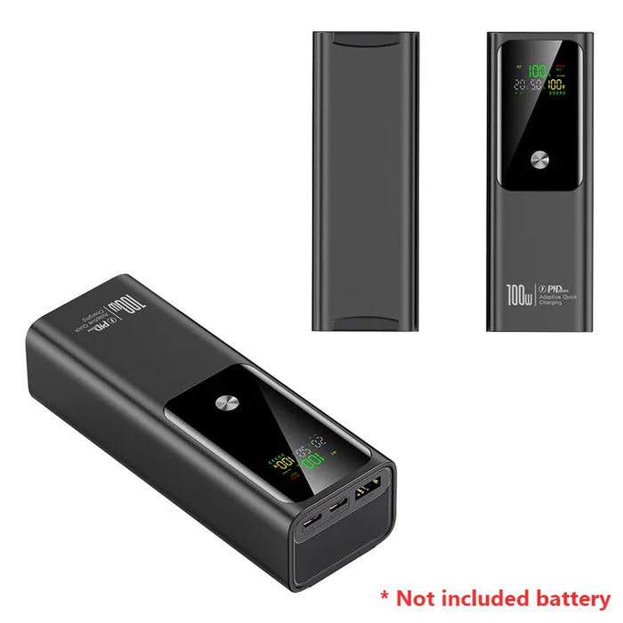 DIY Power Bank Shell – 4x 21700 Batteries, 100W Two-Way PD Fast Charging, Dual USB-C + USB-A, LED Display, 20000mAh, ABS-PVC, Grey/Black – Soldering Required