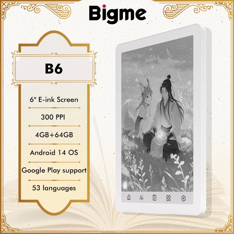 BIGME B6 E-Reader – 6" E-Ink 300PPI, Android 14, 4GB RAM + 64GB (1TB Expandable), Octa-Core, Wi-Fi, Bluetooth, 36-Level Front Light, 2100mAh, USB-C