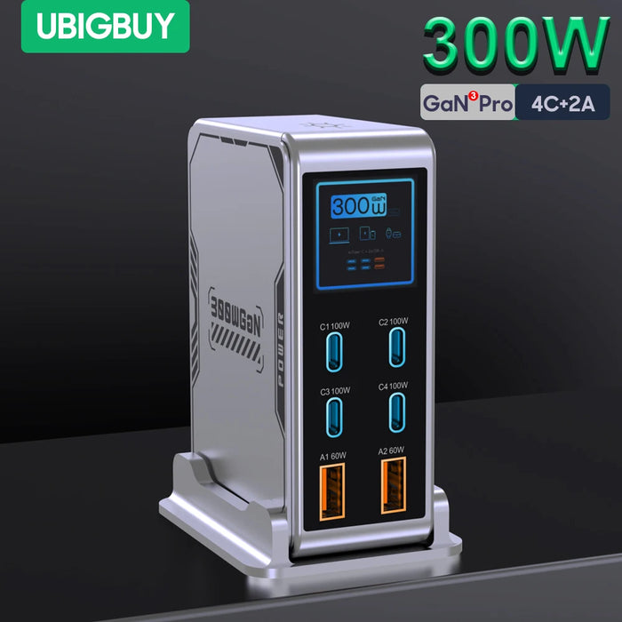 Ubigbuy GaN Desktop Charger – 300W (6-Port: 4x USB-C 100W + 2x USB-A) or 420W (8-Port: 6x USB-C 140W + 2x USB-A), PD/PPS/QC, Digital Display, for MacBook, iPhone & Samsung