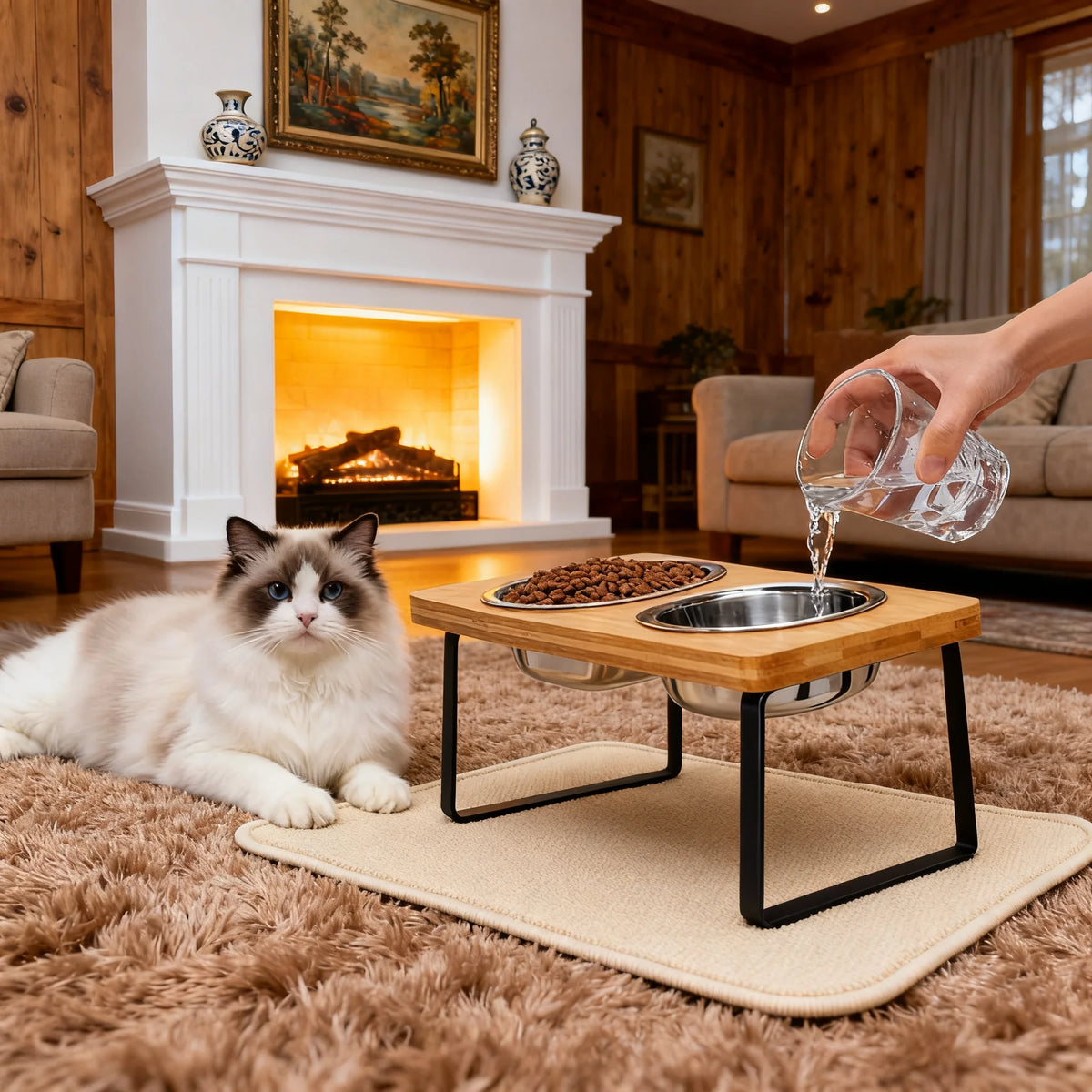 Elevated Cat Bowls, Set of 2 Stainless Steel, 15° Tilted Wooden Stand, Anti-Vomiting, Anti-Slip, Cats & Puppies