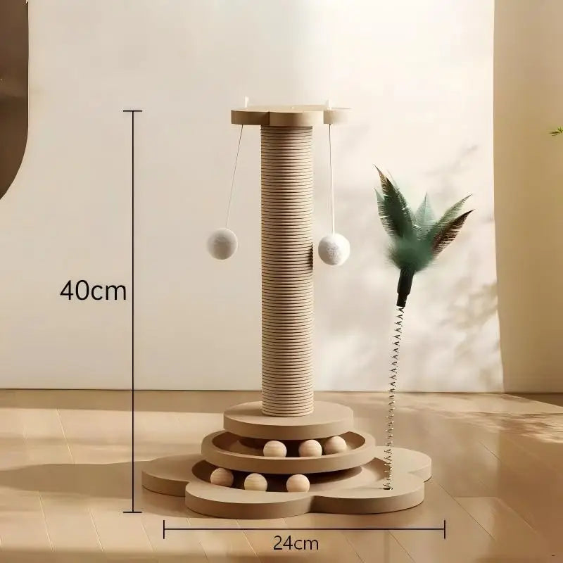 Solid Wood Cat Turntable Toy with Sisal Scratching Board, Balls & Funny Cat Stick, Interactive Cat Scratcher & Play Column