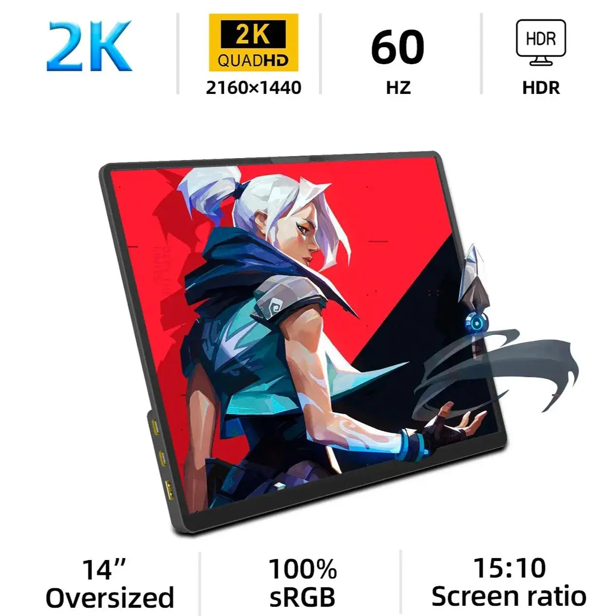 ZSUS 14" 2K Portable Monitor – 2160x1440, 60Hz, 100% sRGB, HDR10, 350 nit, Built-in Speakers, Mini HDMI + USB-C, with Stand – Standard or Touchscreen Version