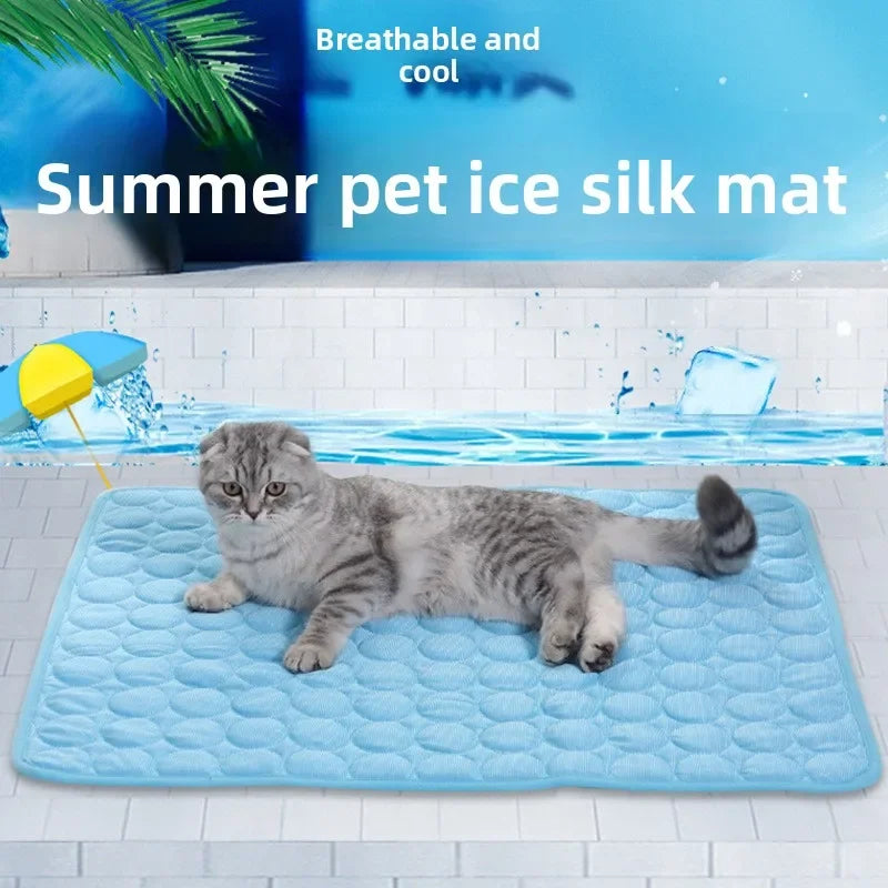 Pet Cooling Mat, Breathable Ice Silk, XS 40x30cm to XL 100x70cm, Washable, Blue & Light Grey, Dogs & Cats, Indoor & Outdoor