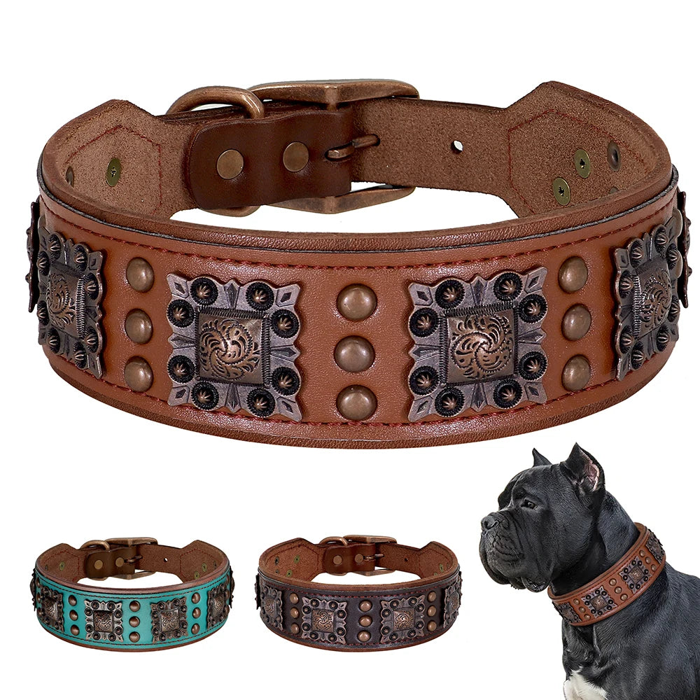 Spiked Genuine Leather Dog Collar, L & XL, Metal Buckle & D-Ring, Medium to Large Breeds, Black / Brown / Green