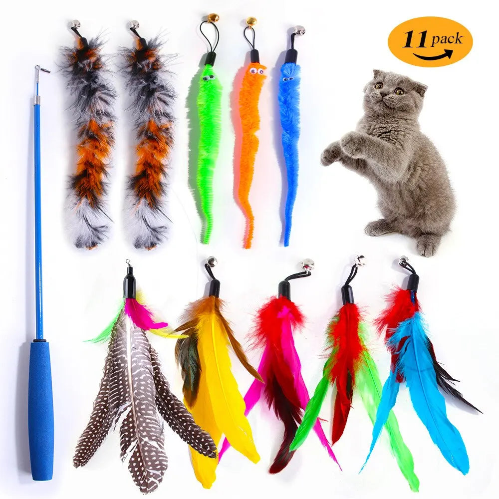 11-Piece Cat Feather Teaser Toy Set, 2 Retractable Sticks (13"-32"), Feathers, Worms & Furry Spurs, Safe & Interactive