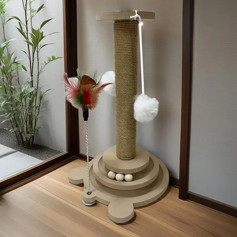 Wooden Cat Turntable Toy with Sisal Scratching Post, Funny Cat Stick & Interactive Balls, Black, Indoor Cats