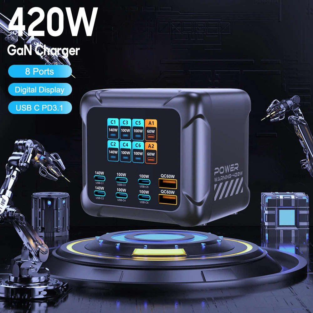 Ubigbuy 420W GaN Desktop Charger – 8-Port (6x USB-C + 2x USB-A), PD 3.1 140W, PPS, Digital Display, for MacBook, iPhone & Samsung – EU/US/UK/AU/KR Plug