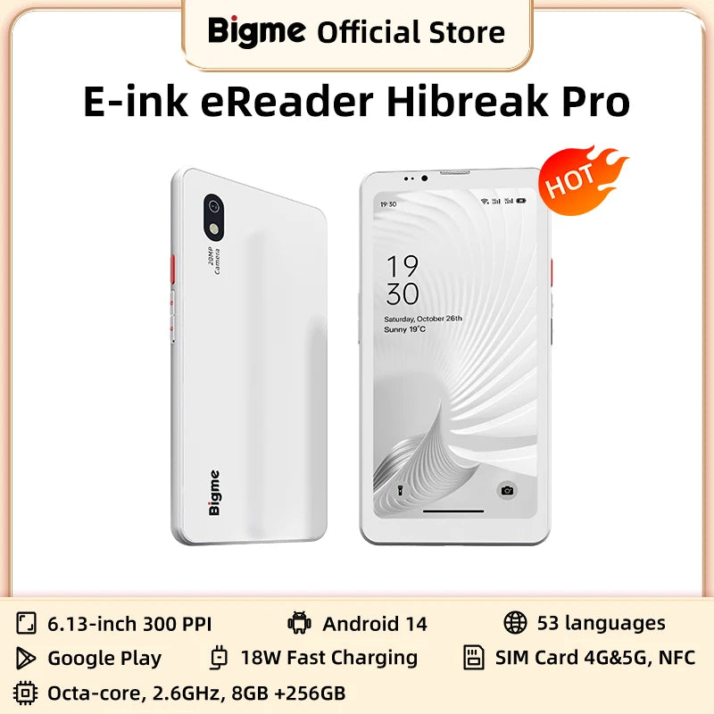 BIGME Hibreak Pro E-Reader – 6.13" E-Ink 300PPI, Android 14, 8GB RAM + 256GB, Dimensity 1080, 4G/5G, NFC, 18W Fast Charge, 4500mAh, Front 5MP & Rear 20MP Camera