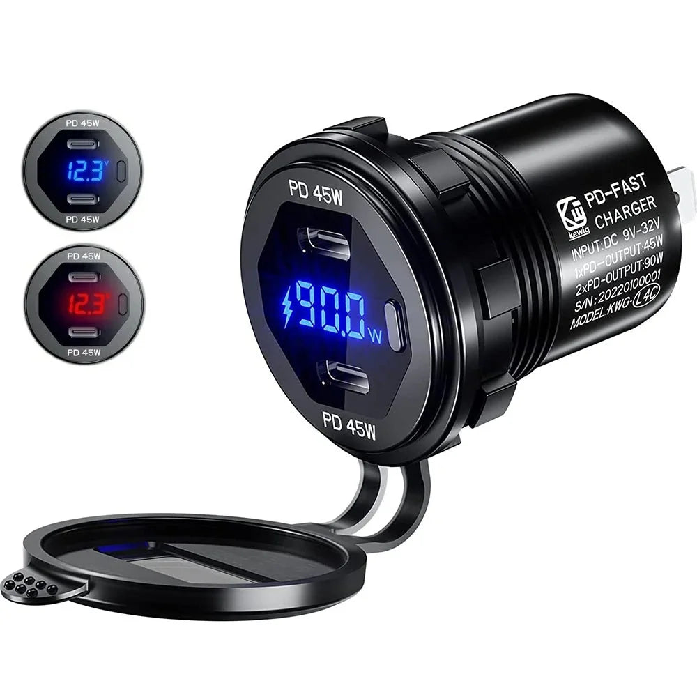 Car Charger – 90W Total, Dual USB-C PD 45W Each, LED Voltage Display, On/Off Switch, 12V/24V, Aluminum Alloy, Compatible with Phones, Tablets & Laptops