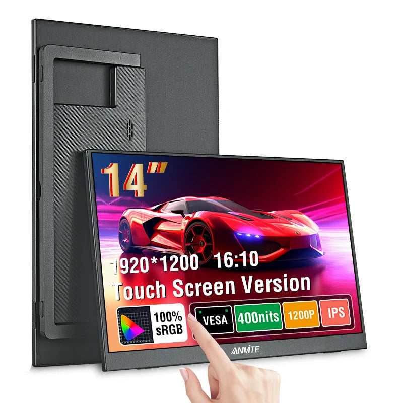 ANMITE 14" Portable Monitor – 1920x1200, IPS, 60Hz, 400 nit, 100% sRGB, HDR10, 178°, AMD FreeSync, Built-in Speakers, Mini HDMI + USB-C, VESA – Touch or Non-Touch