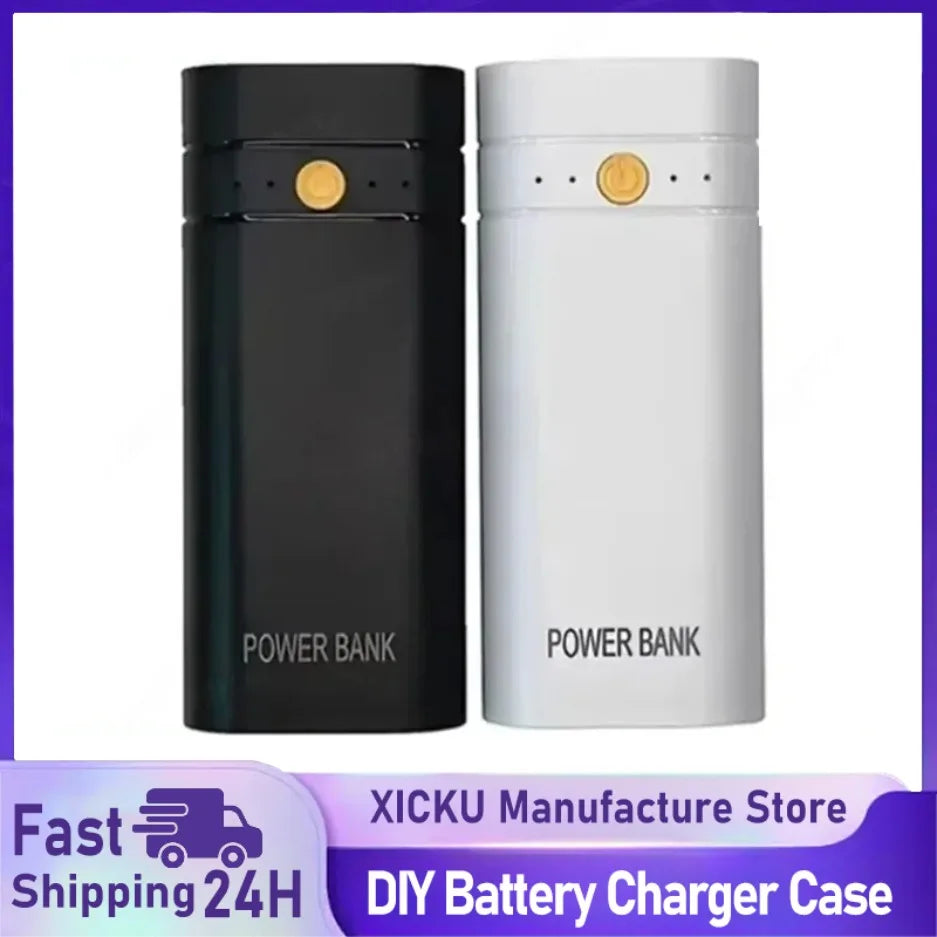 DIY Power Bank Case – 2x 18650 Batteries, 6000mAh, USB-C + USB-A, 5V/2A Input & Output, Portable Charger Shell, Black/White – Batteries Not Included