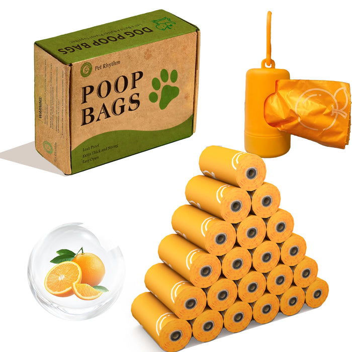 Dog Poop Bags with Dispenser, Orange Fragrance, 4 Rolls/60 Bags, 12 Rolls/180 Bags, 24 Rolls/360 Bags or 32 Rolls/480 Bags, Photodegradable