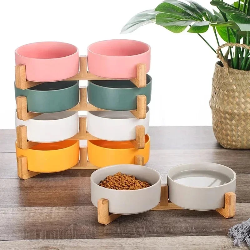 Ceramic Pet Bowl with Elevated Bamboo Wood Stand, 11cm 300ml / 13cm 400ml, Non-Slip, 4 Colors, Cats & Small Dogs