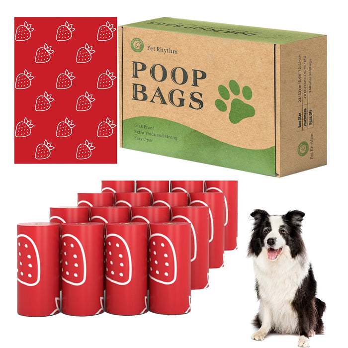 Degradable Dog Poop Bags, Strawberry Fragrance, 8 Rolls/120 Bags, 24 Rolls/360 Bags or 32 Rolls/480 Bags, Photodegradable