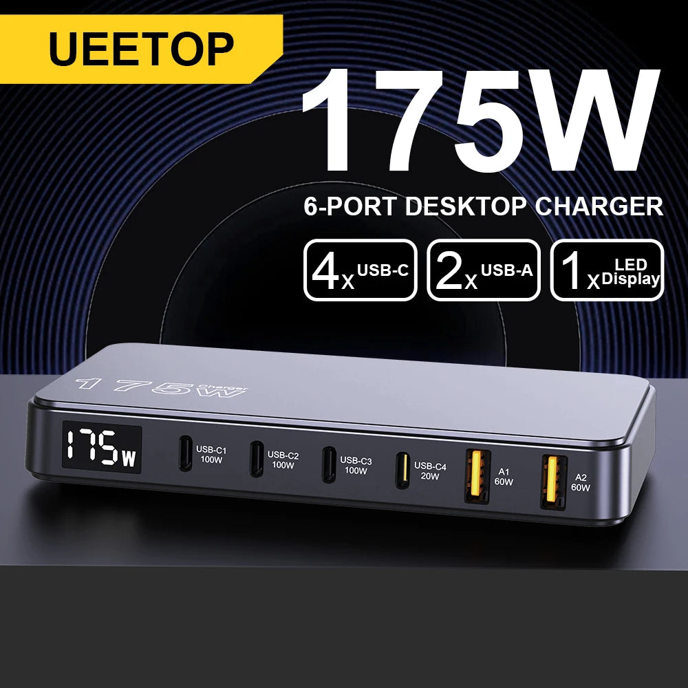 Ueetop 175W GaN Desktop Charger – 6-Port (3x USB-C 100W + 1x USB-C 20W + 2x USB-A 60W), PD/QC 4.0/PPS, LCD Display, Ultra-Thin, for MacBook, iPhone & Samsung – EU/US/UK/AU/BR/KR Plug