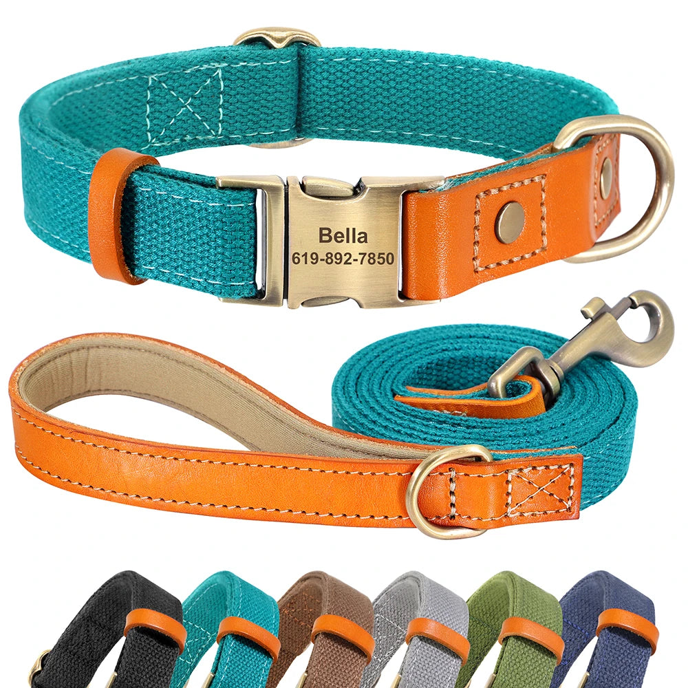 Personalized Dog Collar & Leash Set, Nylon & Genuine Leather, S/M/L, Custom Name Engraving, 6 Colors, Collar Only / Leash Only / Full Set