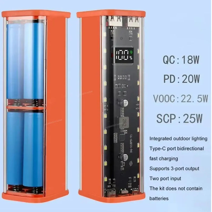DIY Power Bank Shell – 8-Slot 18650 Battery Case, PD 22.5W Fast Charging, LED Display, USB-A + USB-C, Transparent ABS, Overcurrent & Short-Circuit Protection
